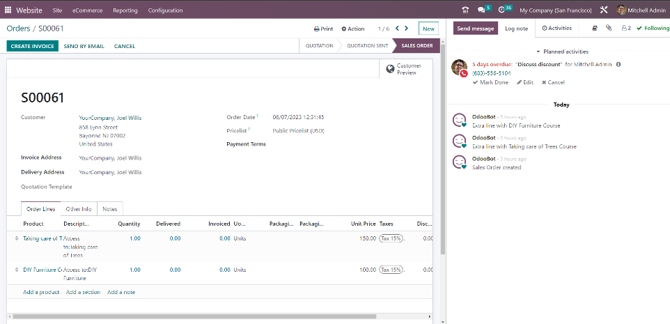 Display of orders in Odoo through the web shop E-commerce connected to inventory in Odoo